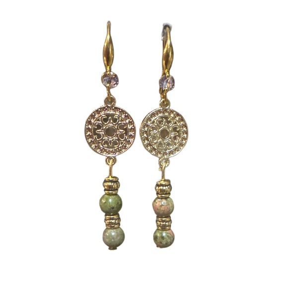 Elegant Gold and Unakite  Earrings-18k Gold Plated - Picture 2 of 5